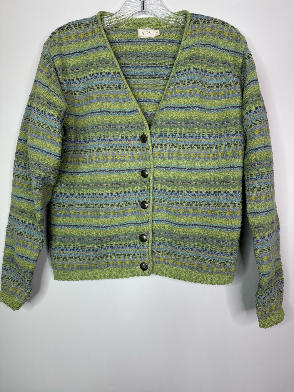 Vintage Alps Green Striped Vneck Button Cardigan Sweater Size Small